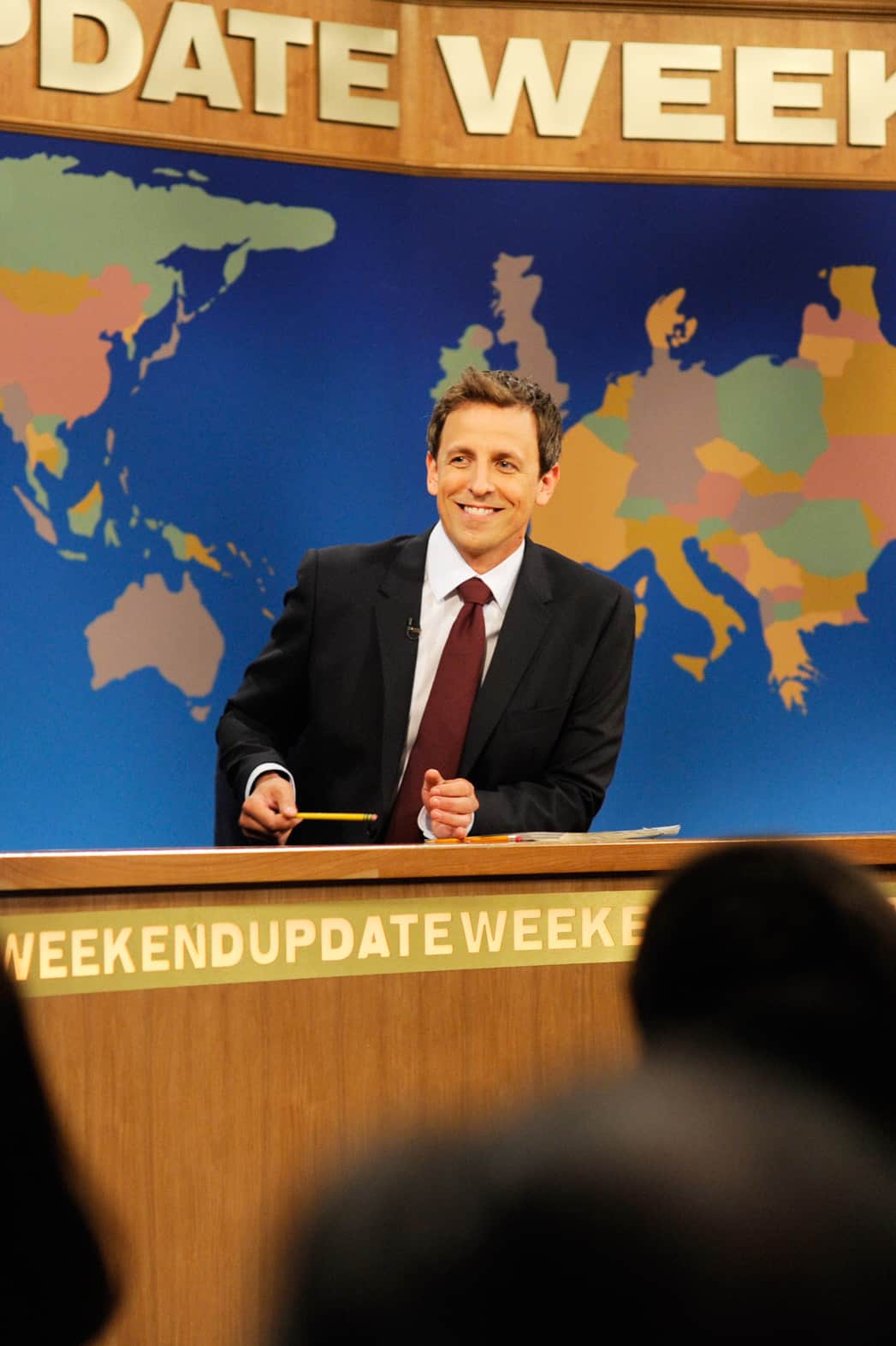 Seth Meyers doing Saturday Night Live Weekend Update